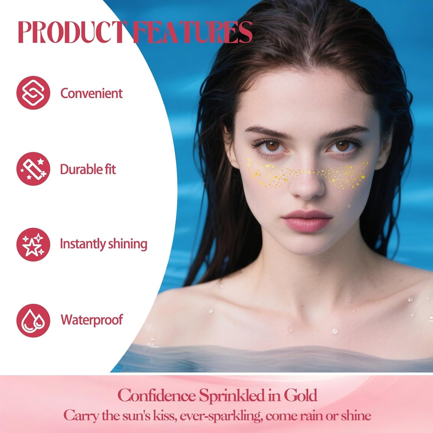 Gold Glitter Freckles Face Tattoo, 15 Pcs Waterproof Gold Sparkle Freckle Temporary Tattoo, Freckles Face Tattoo Long Lasting Festive Glitter, Face Glitter Self Adhesive for Women Girls