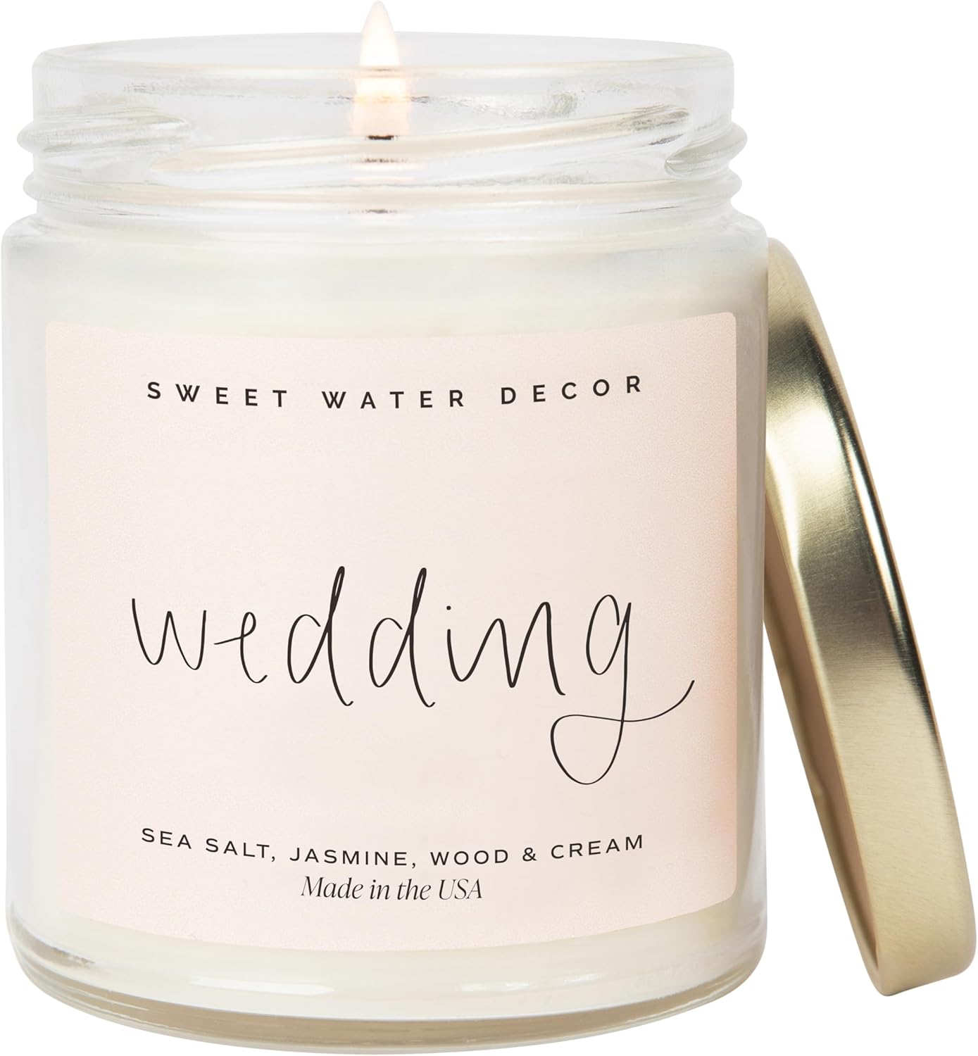 Sweet Water Decor Wedding Candle - Sea Salt, Jasmine, Cream, and Wood Scented Soy Wax Candle for Home - Engagement and Wedding Gifts for Her - 9oz Clear Jar, 40 Hour Burn Time, Made in The USA