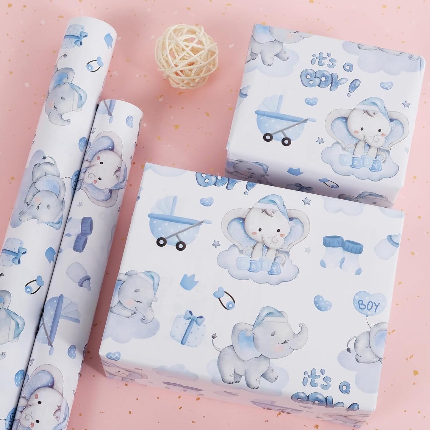 Aimyoo Blue Baby Shower Wrapping Paper Roll - 17 Inch X 16.4 Feet - Cute Elephant with It‘s A Boy Letter Design Perfect for Boys, Birthday, Party