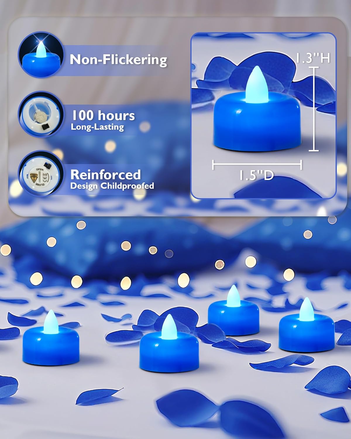 Amagic 12 Pack Blue Flameless LED Tea Lights Candles Battery Operated, Electric Fake Tealight Candles for Wedding, Table Centerpiece, Home Decor, Gift, Party, Halloween, Christmas, Proposal