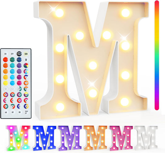 Pooqla Colorful Light Up Letters with Remote, Upgraded 35 Colors LED Marquee Letters, RGB Lighted Letter for Girls Teenager Gift, Birthday, Party, Wedding, Night Light, Room, Bedroom Decor, Letter M