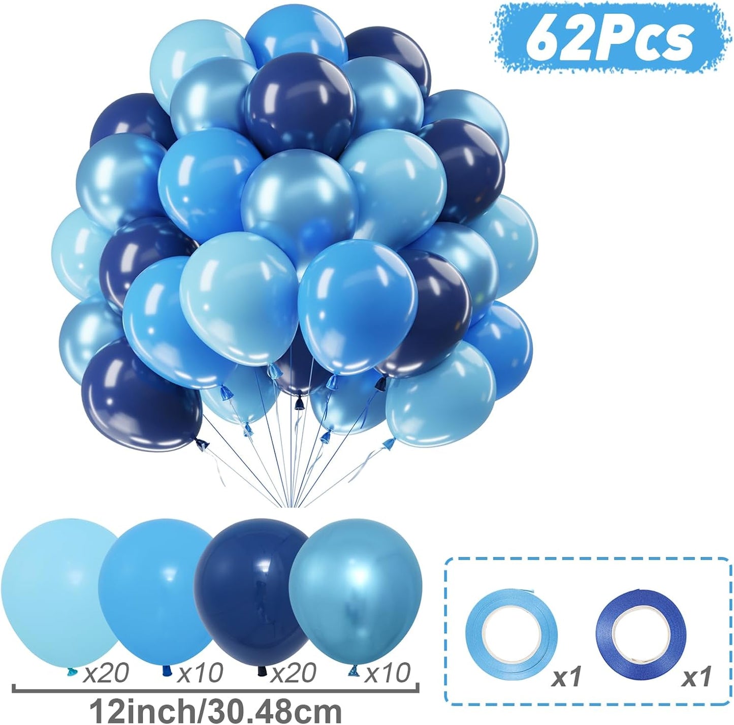 Netnology Blue Balloons Set, 60Pcs 12 Inch Macaron Blue, Light Blue,Navy Blue,Metallic Blue Balloon Kit for Boy Birthday, Baby Shower, Bridal Shower, Wedding,Graduation Party Decorations