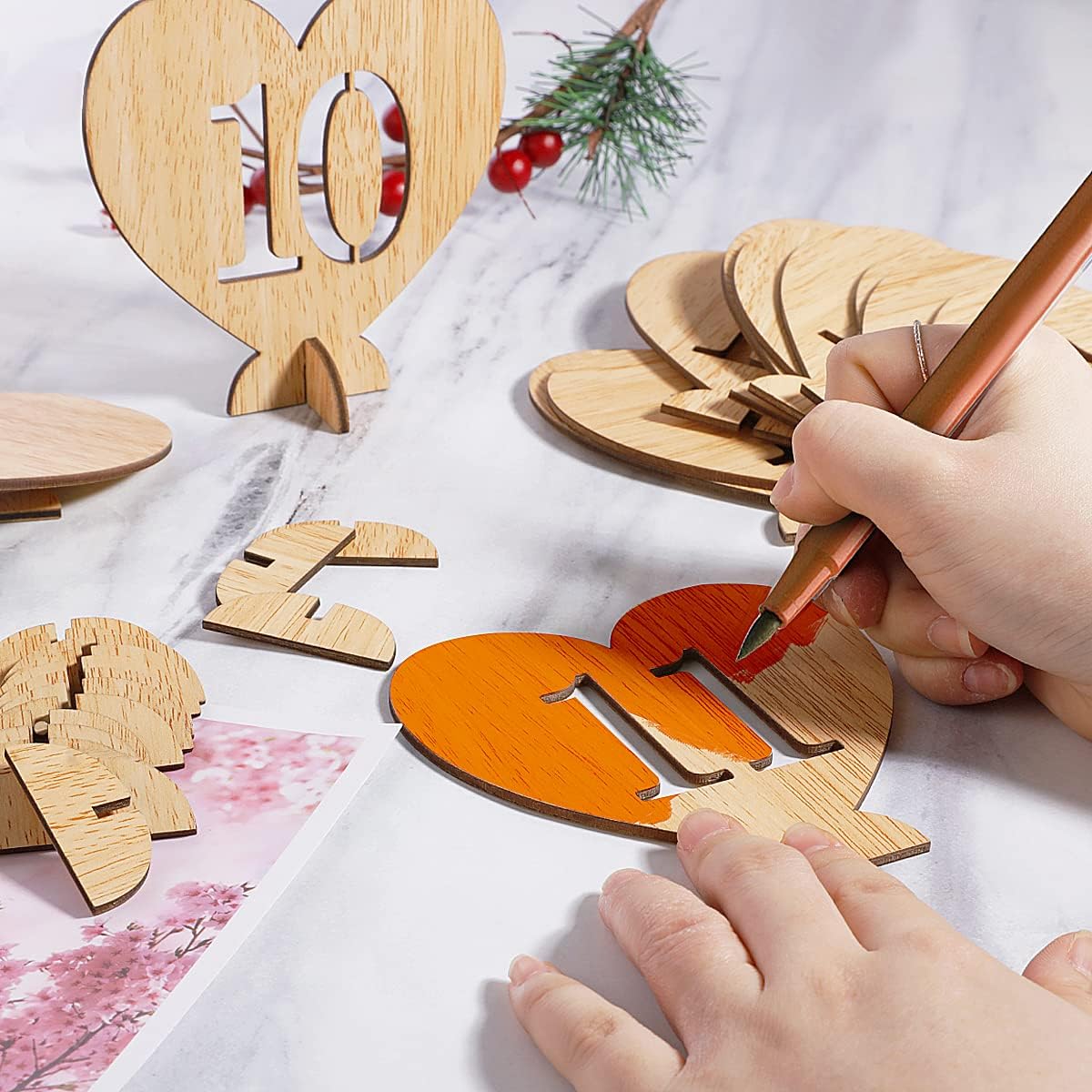 Heart Shape Wooden Table Numbers 1-20 With Holder Base - Rustic Hollow Out Wood Cards for Wedding, Party, Event Decoration