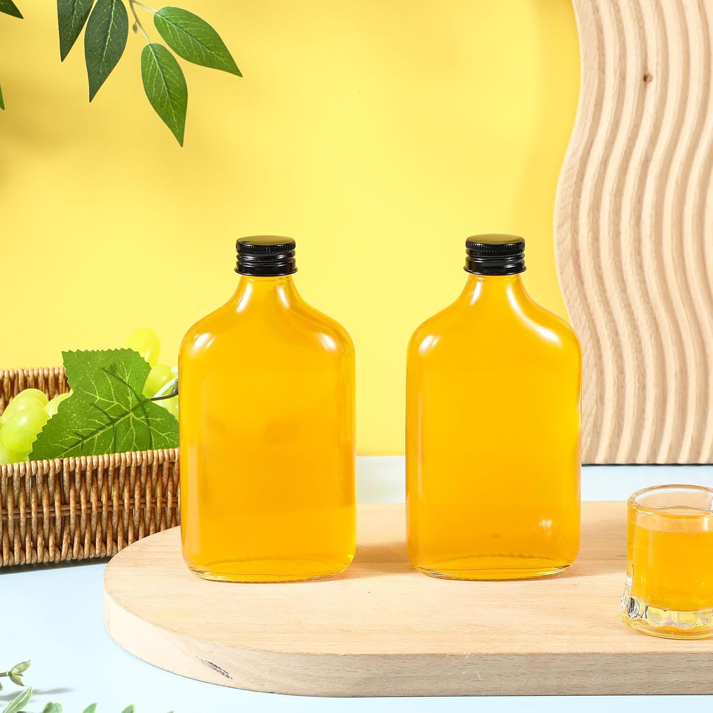 Gejoy 24 Pcs Mini Liquor Bottles Reusable Glass Flask Bottles with Black Caps Clear Empty Alcohol Shot Jars Small Champagne Jars with 4 Funnels for Wine Weddings Party Favors Christmas(8.5 oz)