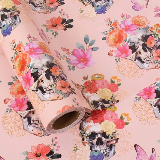 Aimyoo Gothic Wrapping Paper Roll, 17 Inch X 33 Feet Skull Floral Butterfly Design Gift Wrap Paper for Mother's Day, Birthday Bridal Shower