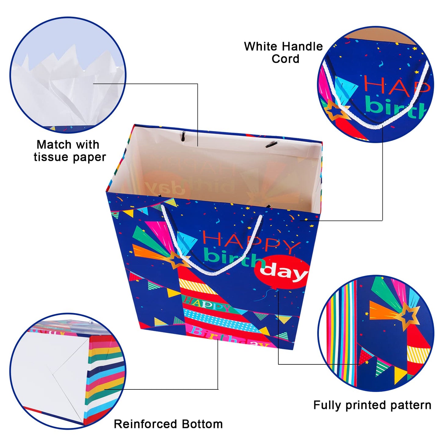 Birthday Gift Bag with Handle and Tissue Paper, 12 Pcs Gift Bags Assorted Sizes and Designs, Large