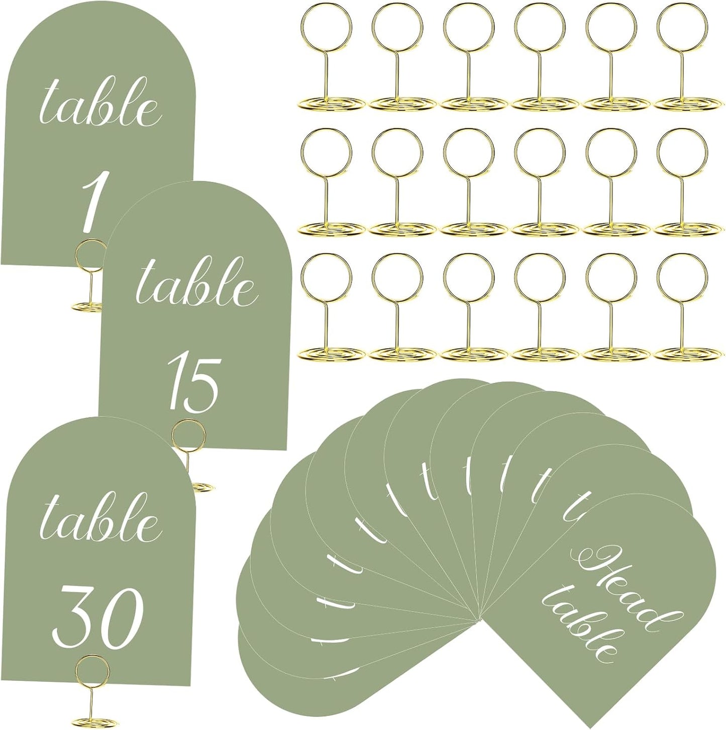 Green and White Table Numbers 1-30 with Head Table Number Card and Holders, 5 x 7 Inch Arched Place Seating Sign Double Sided for Wedding Reception Anniversary Birthday Party Restaurant