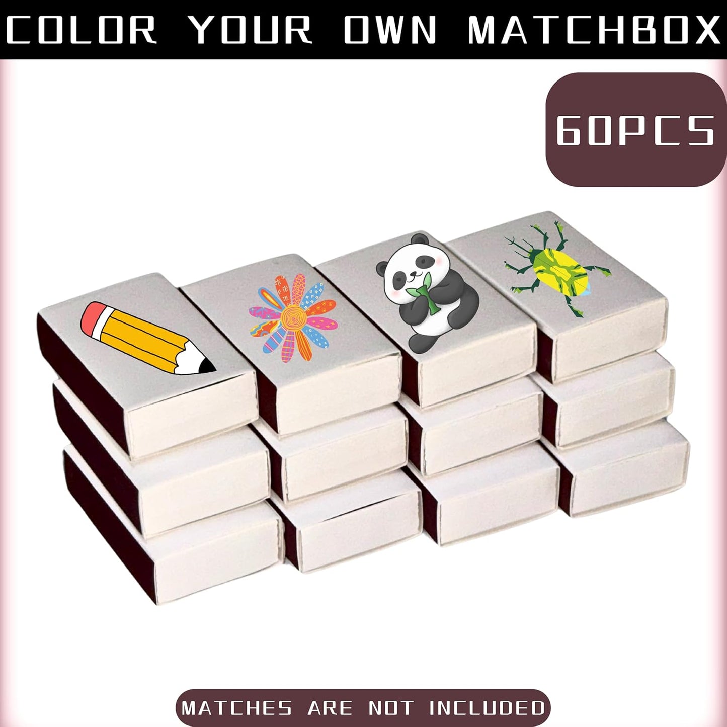 60pcs Blank Match Boxes, 2.25x1.42x0.59in Bulk White and Black Matchboxes DIY Plain Storage Containers Holders Double-Sided Striker Wedding Bridal Baby Shower Birthday Party Favor, No Matches Included