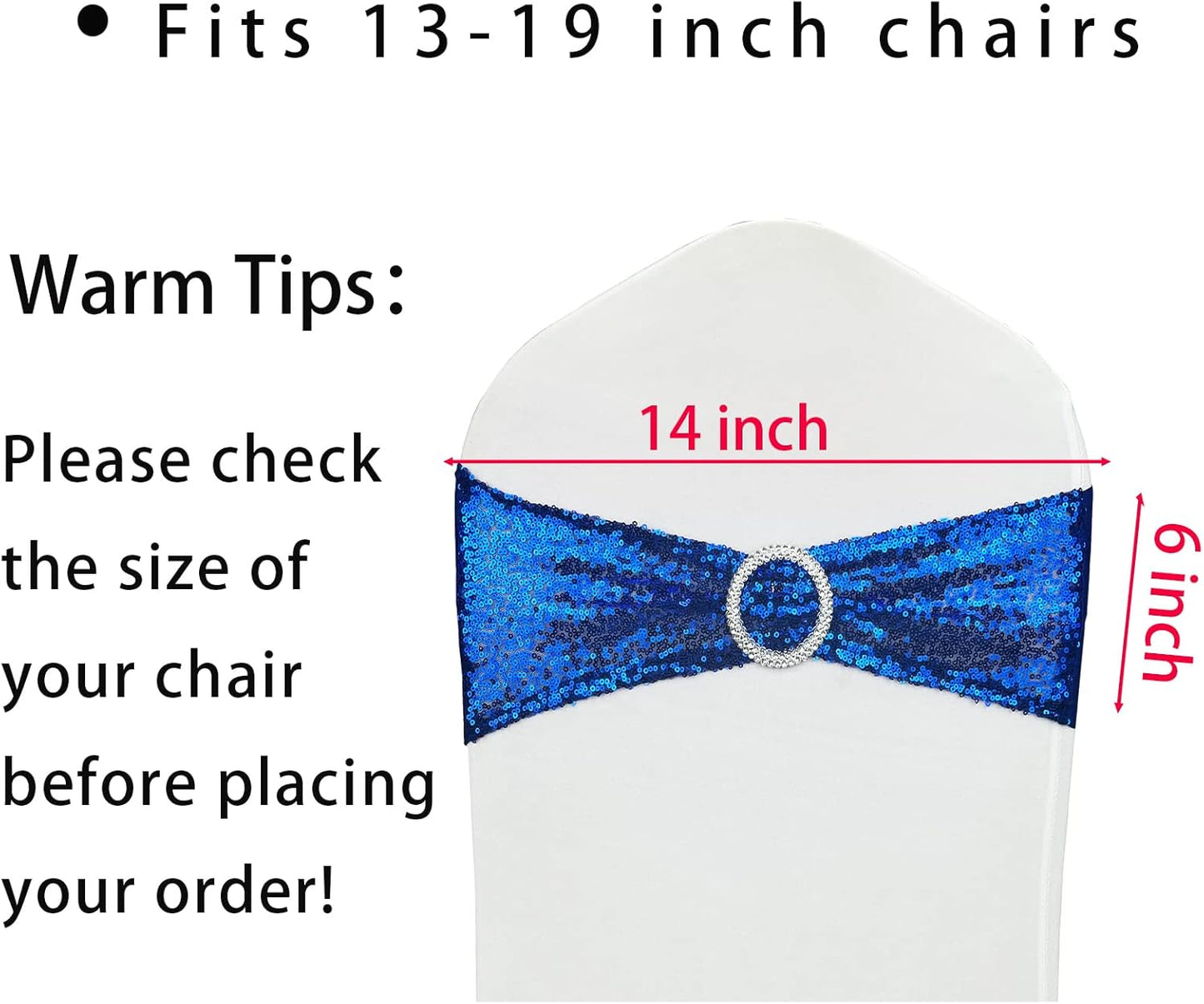 10 Pcs Chair Sashes Sequin Stretch Chair Bands Spandex Polyester Bows for Party Hotel Wedding Banquets Decoration - Royal Blue