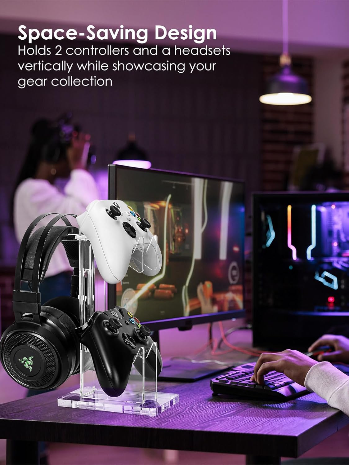 OAPRIRE Headset and Controller Stand, Space-Saving 2 Tier Game Controller Holder, Acrylic Controller and Headset Stand for Desktop, Universal Design Compatible with PS5/PS4/Xbox/Switch (Crystal Clear)