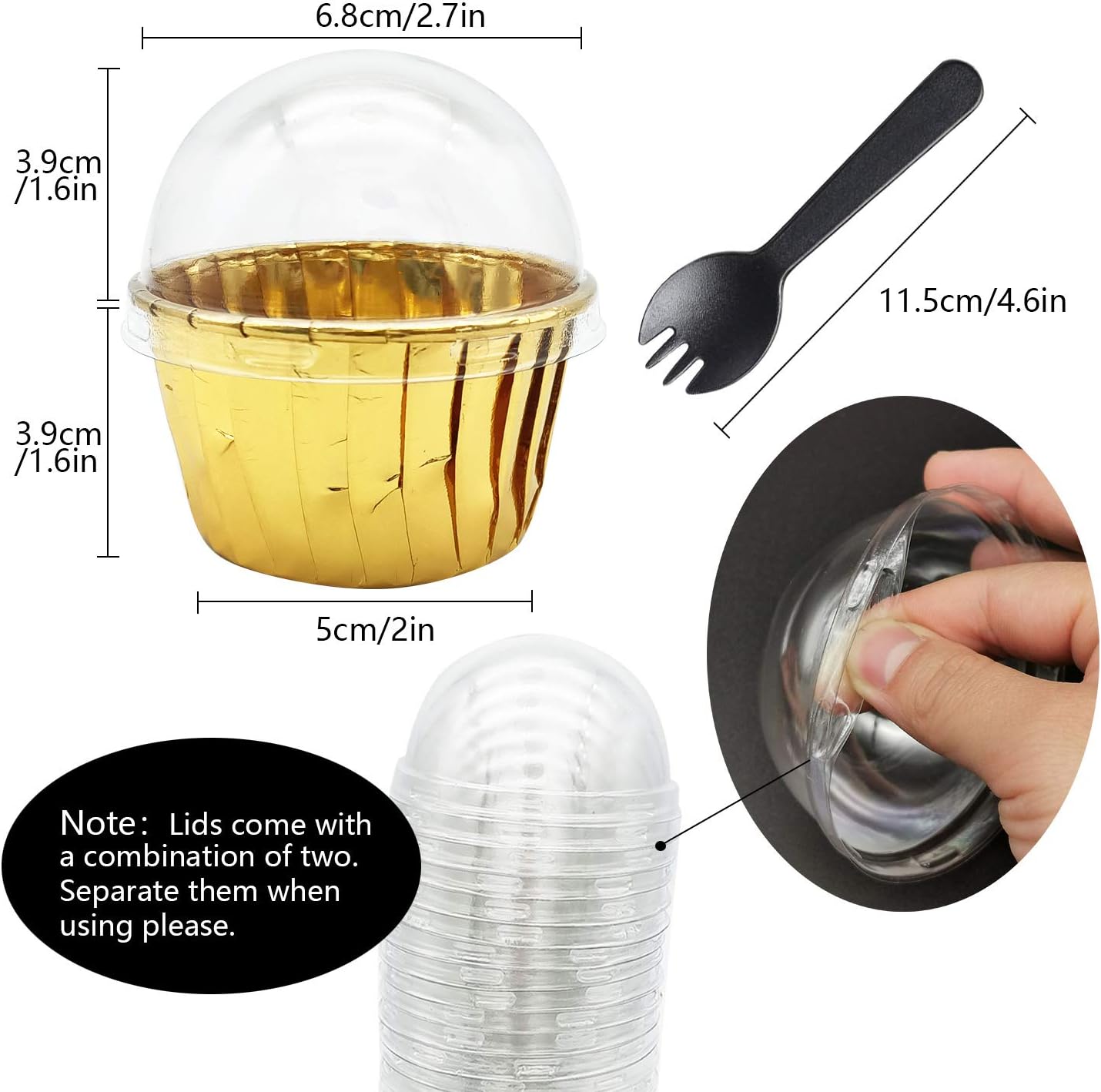 Gold Cupcake Liners with Lids 100Pack,Free-Air 3.5Oz Mini Muffin Liners Cupcake Wrappers,Foil Cupcake Baking Cups,Disposable Ramekins Muffin Tins for Wedding Birthday Party, with Spoons-Gold