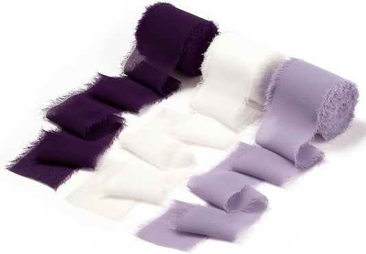 DORIS HOME 2" x21Yd Chiffon Ribbon for Flower Bouquet, Purple & Ivory Fabric Ribbon for Gift Wrapping, Handmade Frayed Ribbon for Wedding, Chiffon Silk Ribbon for Christmas Decorations