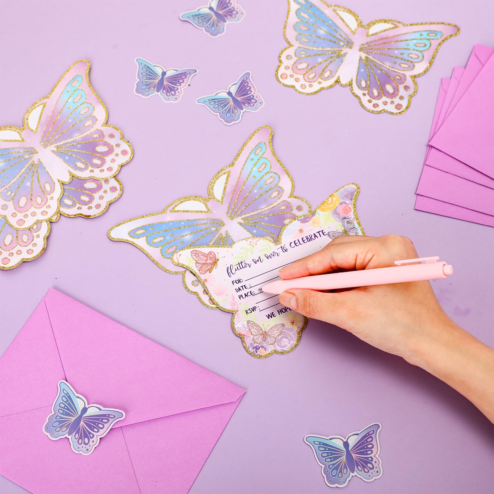 Hotop 24Sets Butterfly Birthday Invitation with Envelope & Sticker for Girl