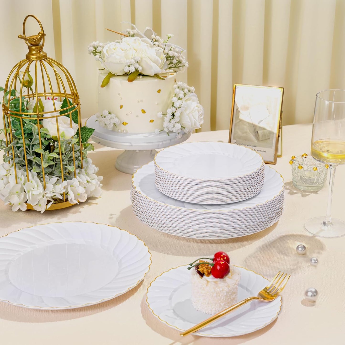 U-QE 60 Pcs White Plastic Plates with Gold Trim – Scalloped Plastic Plates Heavy Duty - Include 30 10.25" Dinner & 30 7.25" Dessert Plate – Perfect for Weddings, Bridal Showers and Party