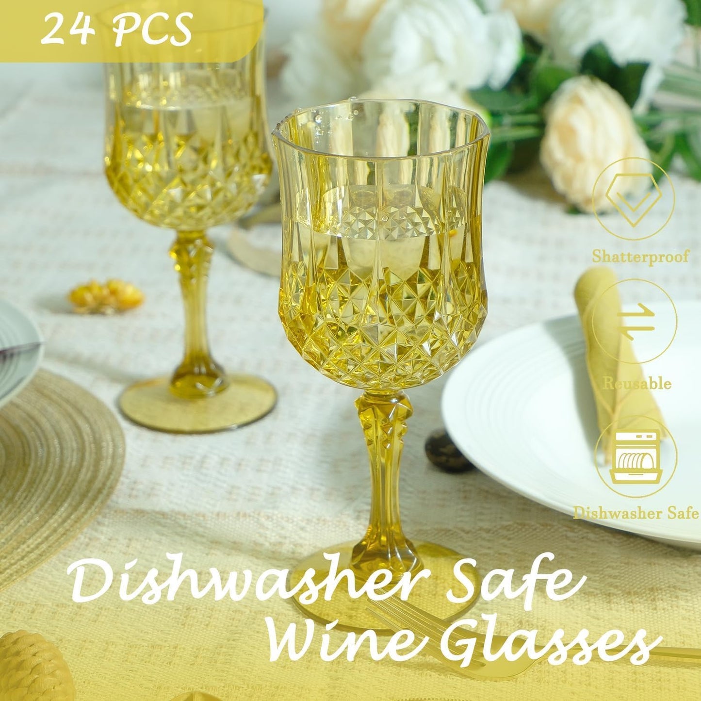 Plastic Wine Glasses，100PCS Gold Plastic Goblets Vintage Style Cordial Drinking Glasses for Wedding Reception, Grand Event Party Supplies (100, Gold)