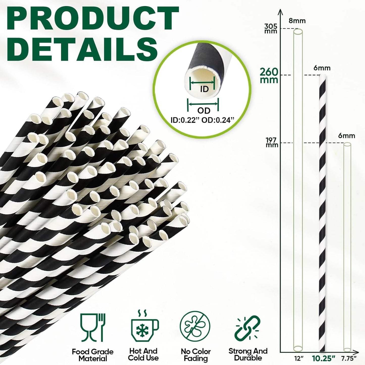 10.25" Long Disposable Paper Drinking Straws, 0.24" Diameter - Black/White Striped, Pack of 100