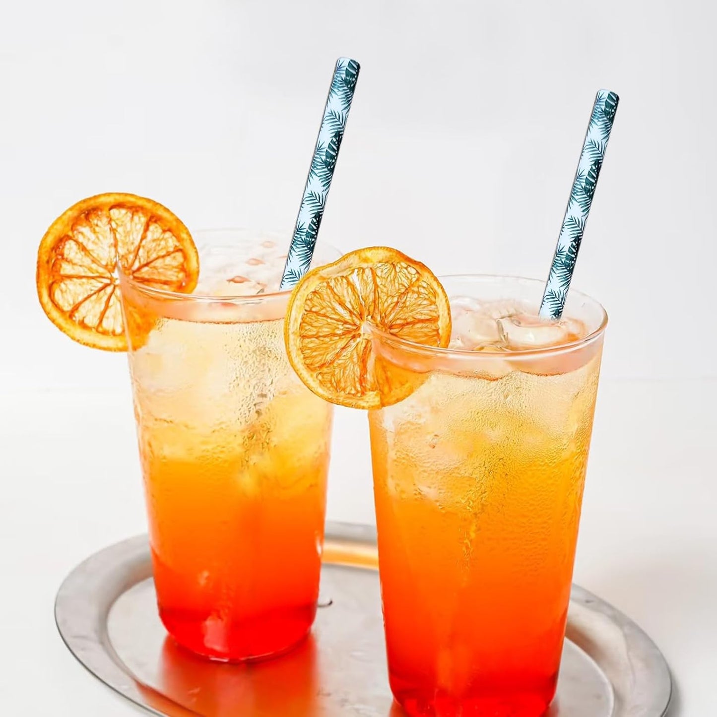 YAOSHENG [100 Pack] Pink & Gold Paper Straws Disposable, 100% Biodegradable Multi-Pattern Party Straws For Birthday, Wedding and Holiday Decoration (green leaf)