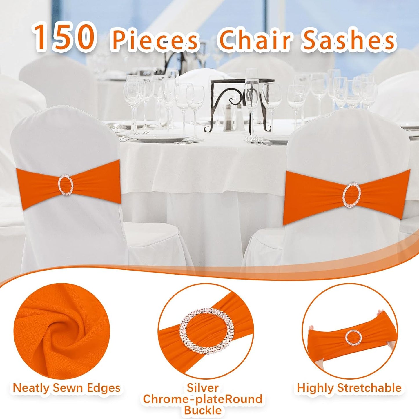 CHENGU 150 Pieces Spandex Stretch Chair Sashes Bows Elastic Chair Cover Bands Ties with Buckle Slider for Wedding Party Reception Events Universal Ceremony Banquet Decorations (Orange)