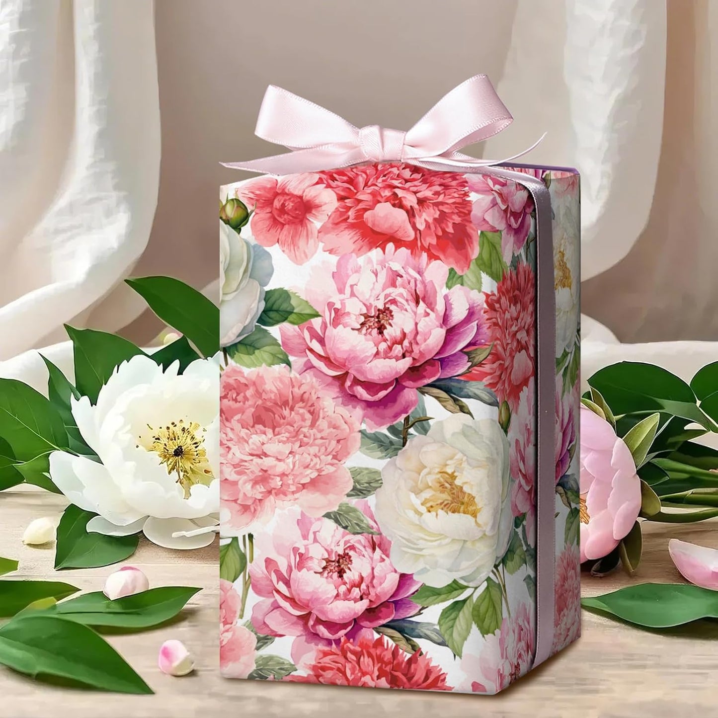 WRAPAHOLIC Floral Wrapping Paper Roll - Mini Roll - 17 Inch x 33 Feet - Red Pink Flower Wrapping Paper Perfect for Girls Women Birthday, Wedding, Bridal Shower