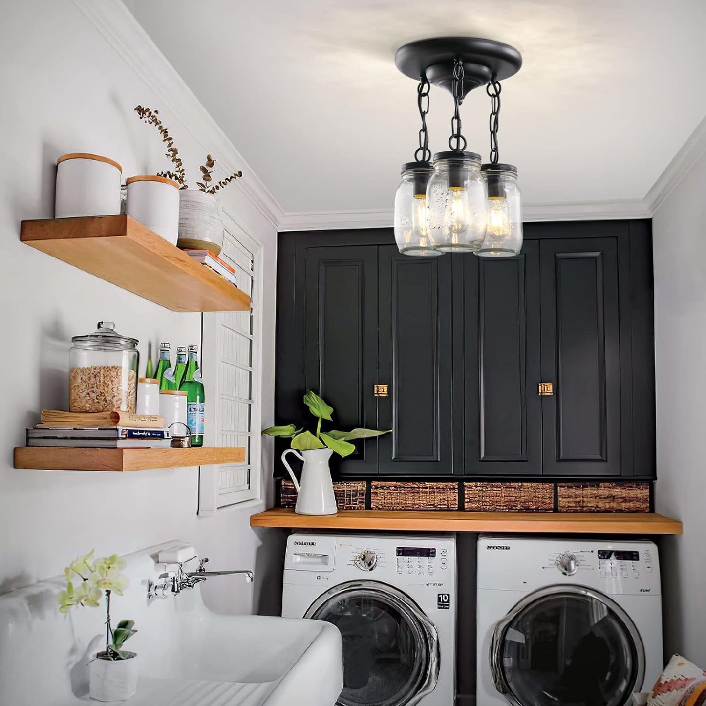 Black Pendant Lights, 3-Light Clear Glass Pendant Lights Kitchen Island, Mason Jar Light Fixtures, Farmhouse Mason Jar Pendant Lighting for Kitchen Dining Room Bedroom Hallway Entryway