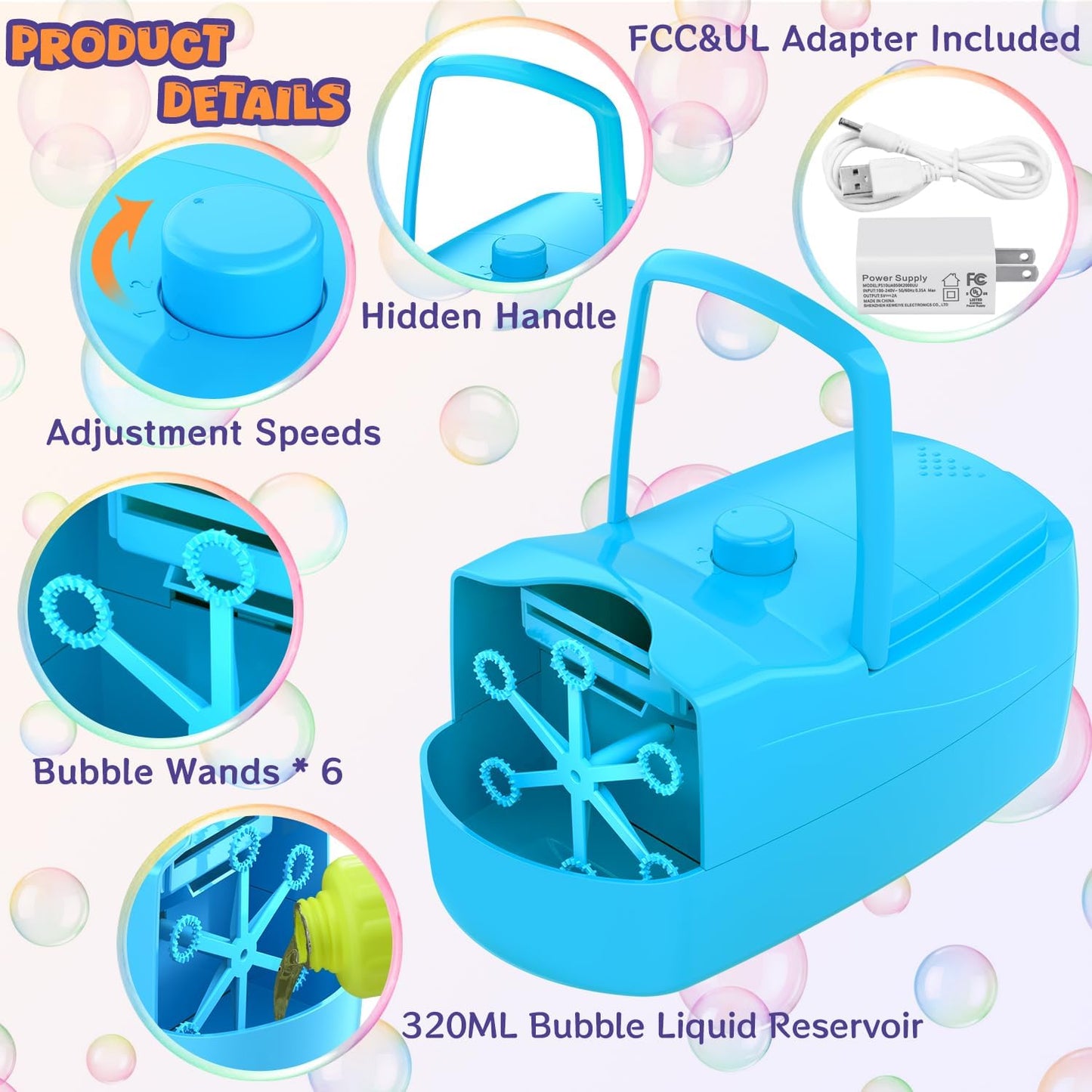 Bubble Machine, Automatic Bubble Blower for Kids, 18000+ Bubbles Per Minute with 2 Speed Settings, Battery/USB Powered Bubble Maker for Toddlers, Outdoor Birthday Parties, Weddings (Blue)