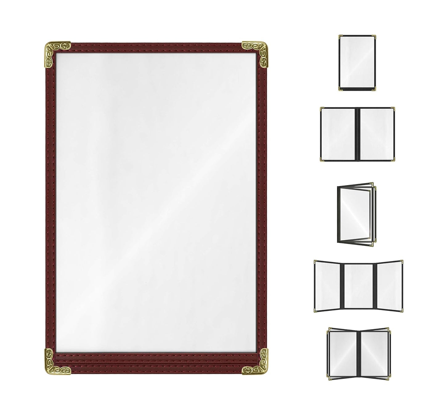 Goodsmart Restaurant Menu Covers – 25 Pack Burgundy 2-View, Top-Loading Menu Holders, Vinyl & Plastic Café Menu Covers, Clear Menu Sleeves, Fits 5.5" x 8.5", Leather-Style Design, Gold Corners
