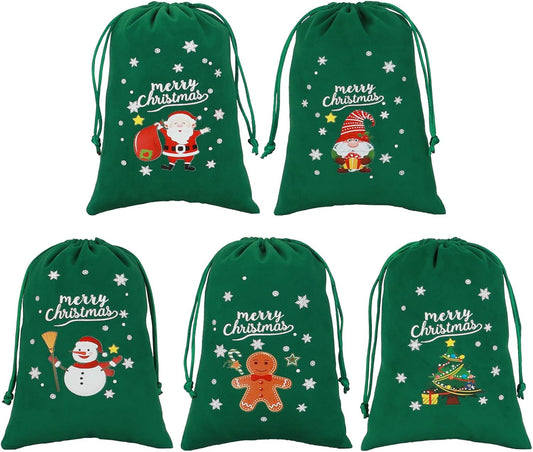 Tapleap Coth Christmas Bags with Drawstring - 50Pcs 5x7 Green Velvet for Wrapping Christmas Party Favors or Gifts for Friends, Children, Coworkers, Small Bussiness Products