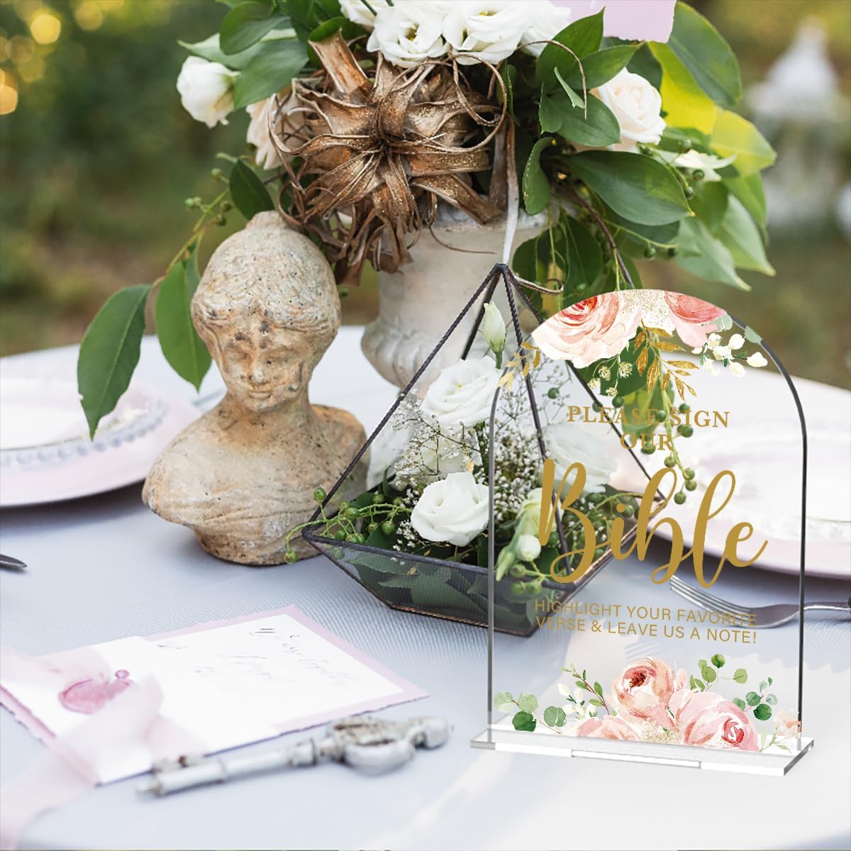 Acrylic Wedding Signs, Bridal Shower Decorations, Modern Calligraphy Arch Acrylic Table Top Sign for Wedding Reception and Engagement Parties - Please Sign Our Bible (Clear Pink Flowers)