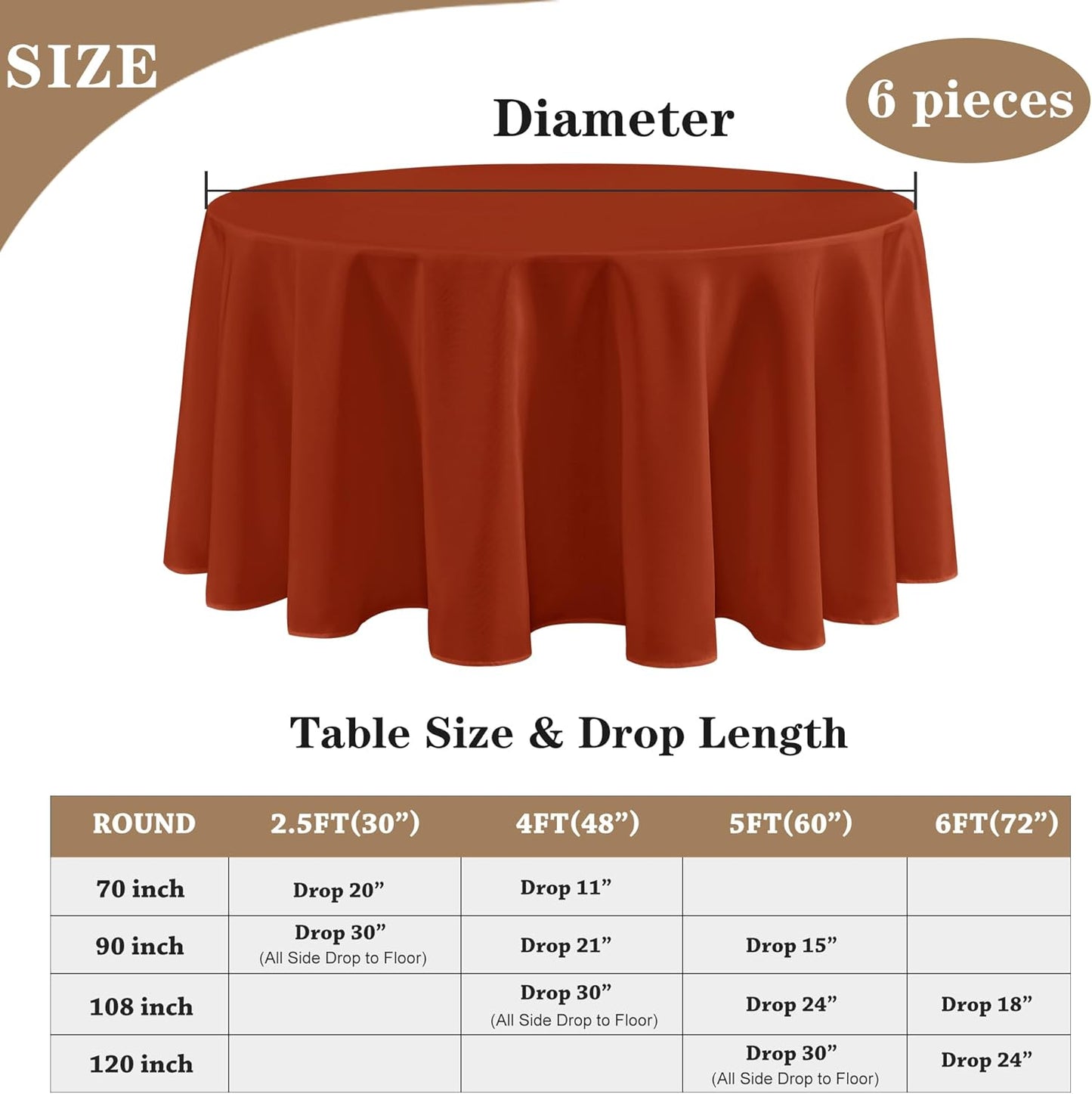 Fitable 6 Pack Rust Round Tablecloths - 120 Inches in Diameter - Stain Resistant and Washable Fall Table Clothes, Polyester Fabric Table Covers for Wedding, Party, Banquet, Formal Events