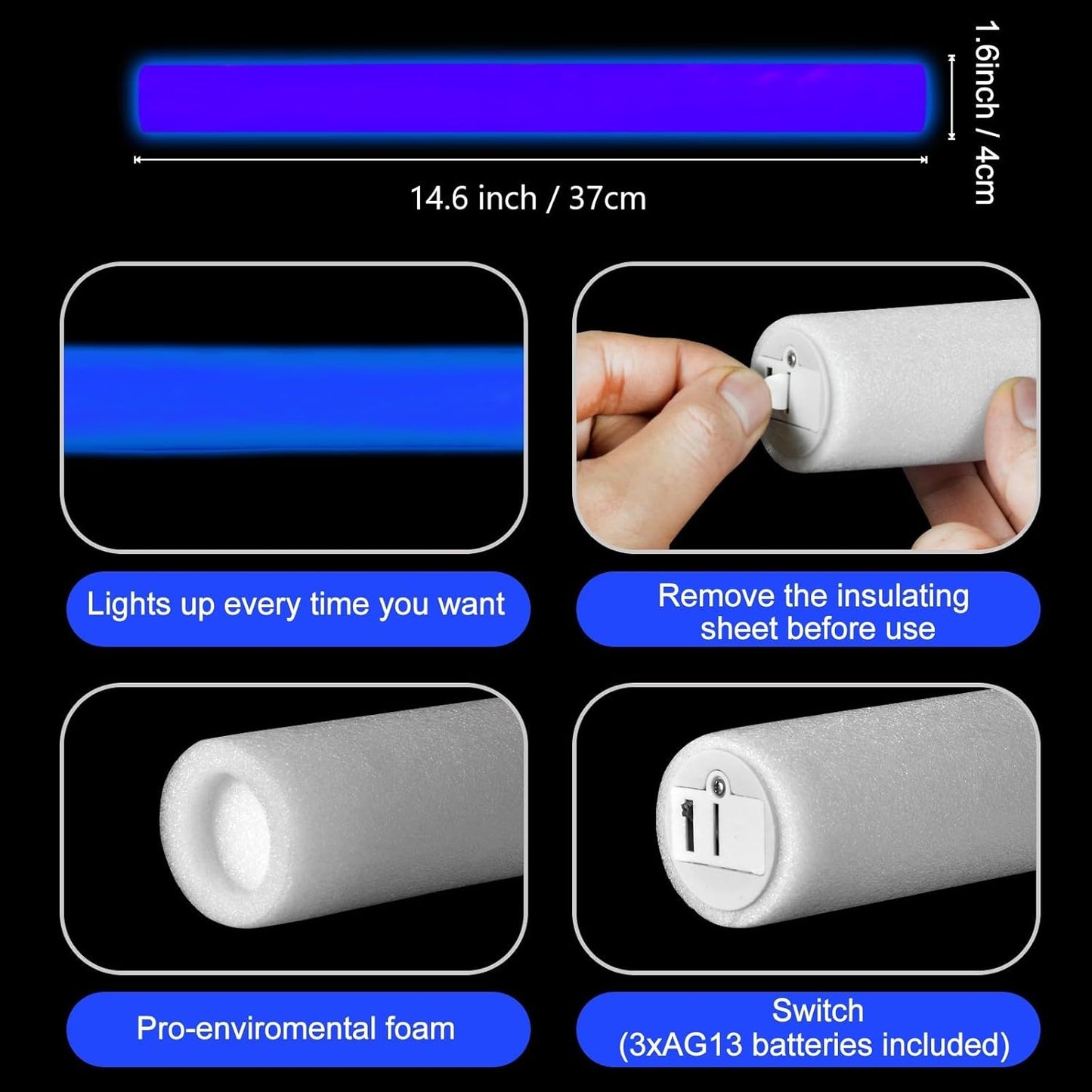 Glow Foam Sticks Bulk, 24 Pcs Blue Giant LED Light Up Sticks 3 Modes Flashing Glowing Baton Wands Party Supplies for Wedding, Raves,Concert,Birthday,Christmas, Halloween,Sporting Events