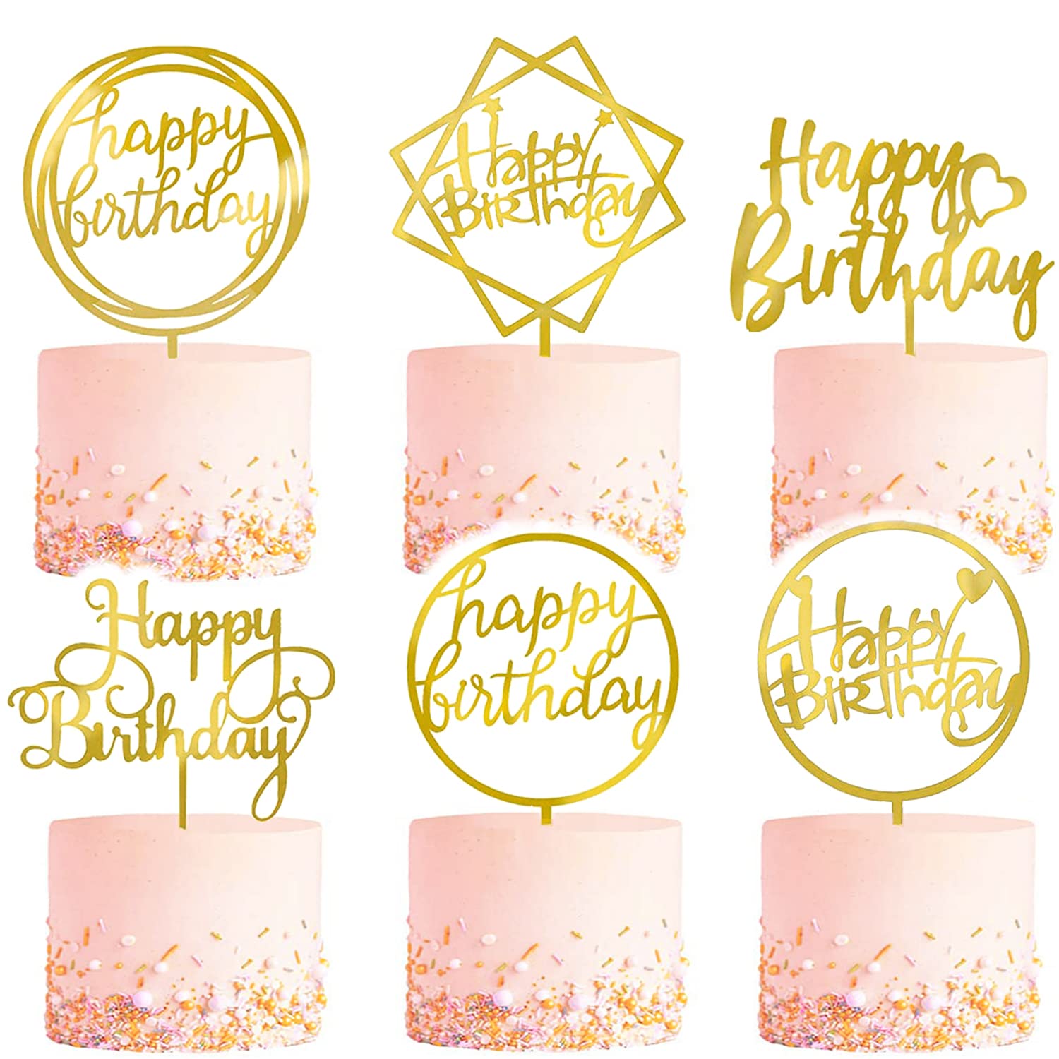 6-Pack Gold Cake Topper Set, Double-Sided Glitter, Acrylic Happy Birthday Cupcake Toppers, Birthday