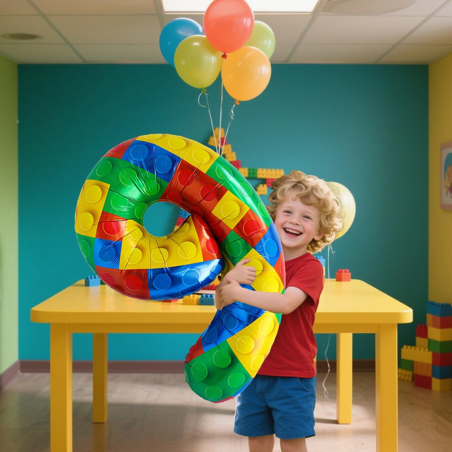 32 Inch Stackable Block Number Balloon – Colorful Brick Building Themed Big Helium Digits for Kids Birthday Party Decorations (Building Block, Number 9)