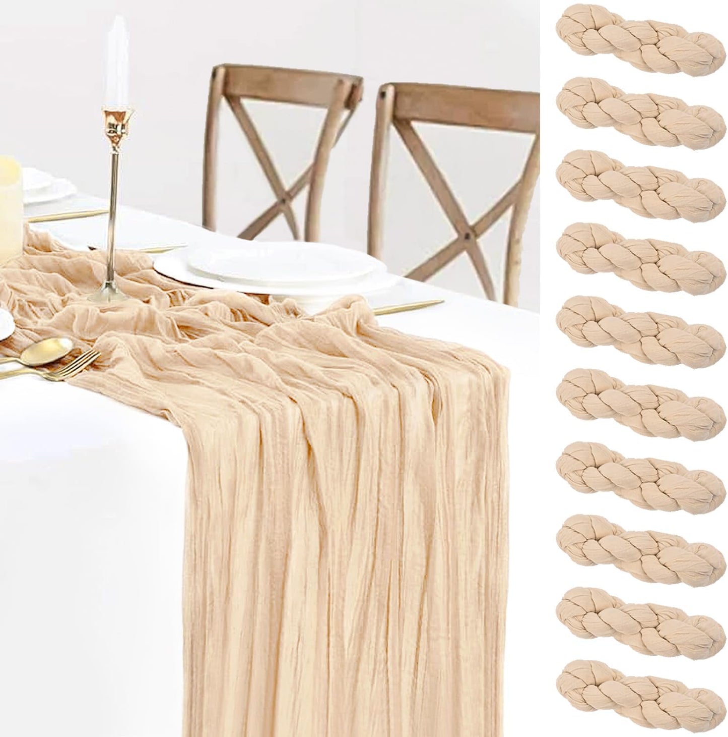 10 Pack Champagne Cheesecloth Table Runner 35x120 Inches, Fall Thanksgiving Cheese Cloth Table Runner 10FT Boho Sheer Gauze Runner for Bridal Shower Wedding Baby Shower Party Decor