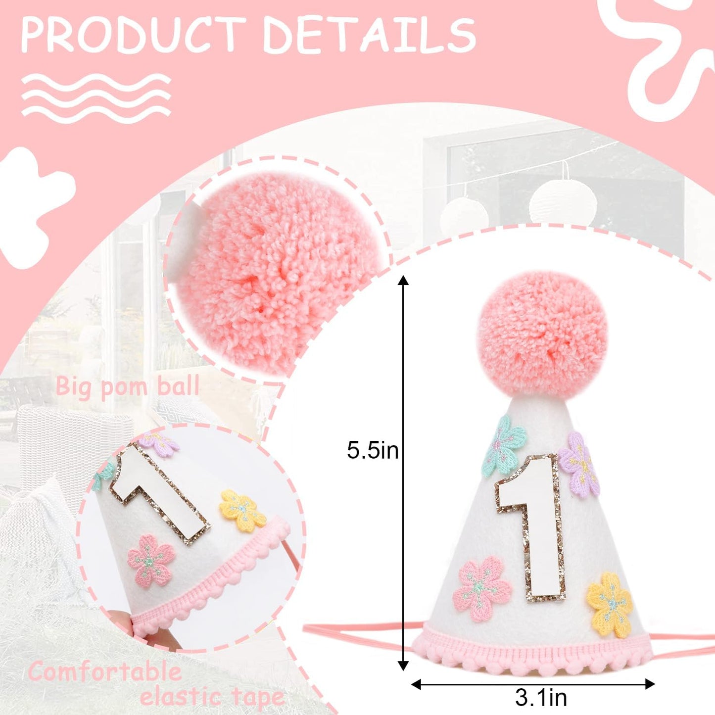 WAUAO Colorful Flower 1st Birthday Cone Hat for Girls - Cute & Adorable Floral Crown, First Birthday Decorations