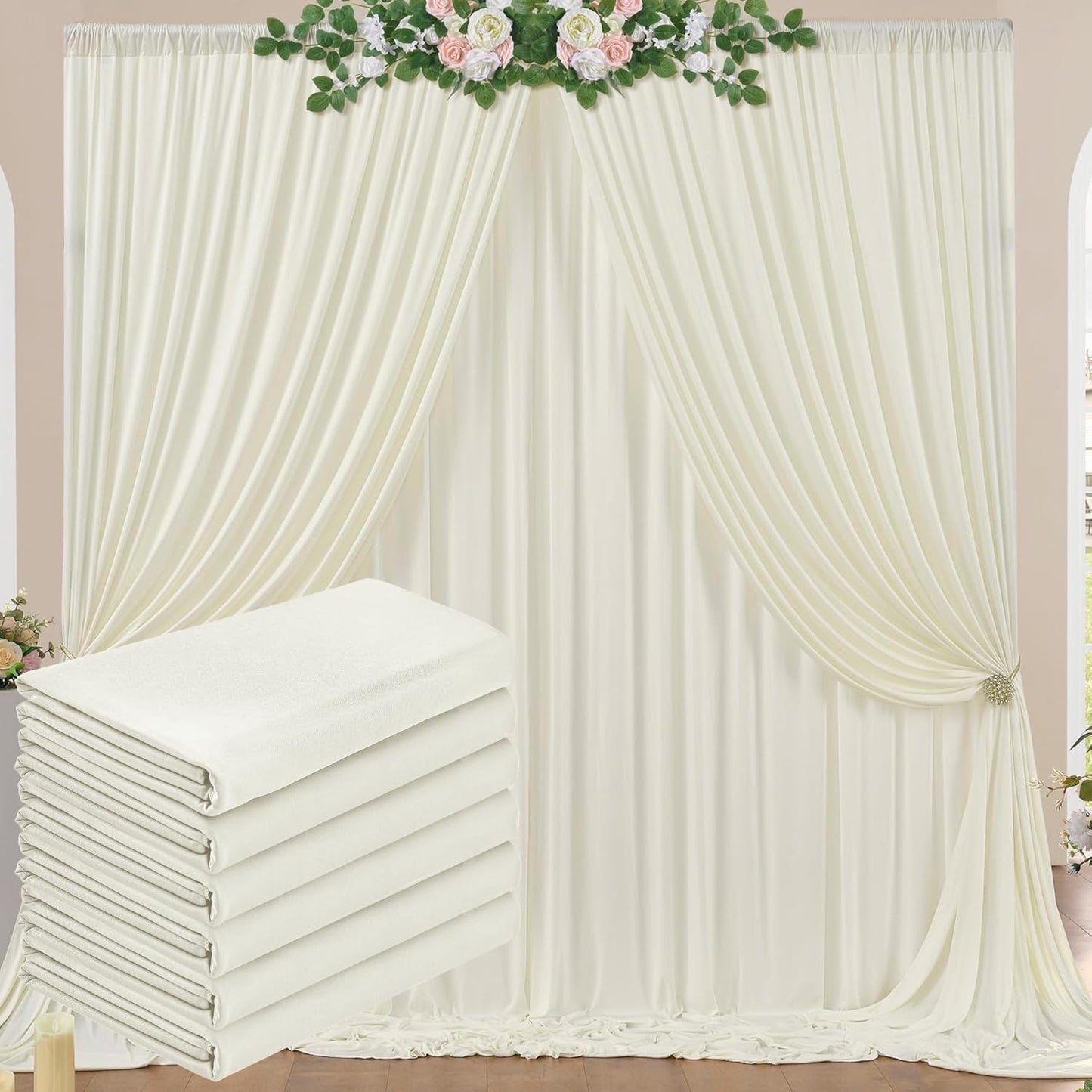 30 ft x 10 ft Wrinkle Free Ivory Backdrop Curtain for Wedding Parties, Polyester Ivory Photo Backdrop Drapes 6 Panels 5x10ft for Baby Shower Photoshoot Engagement Birthday Party Photography Background