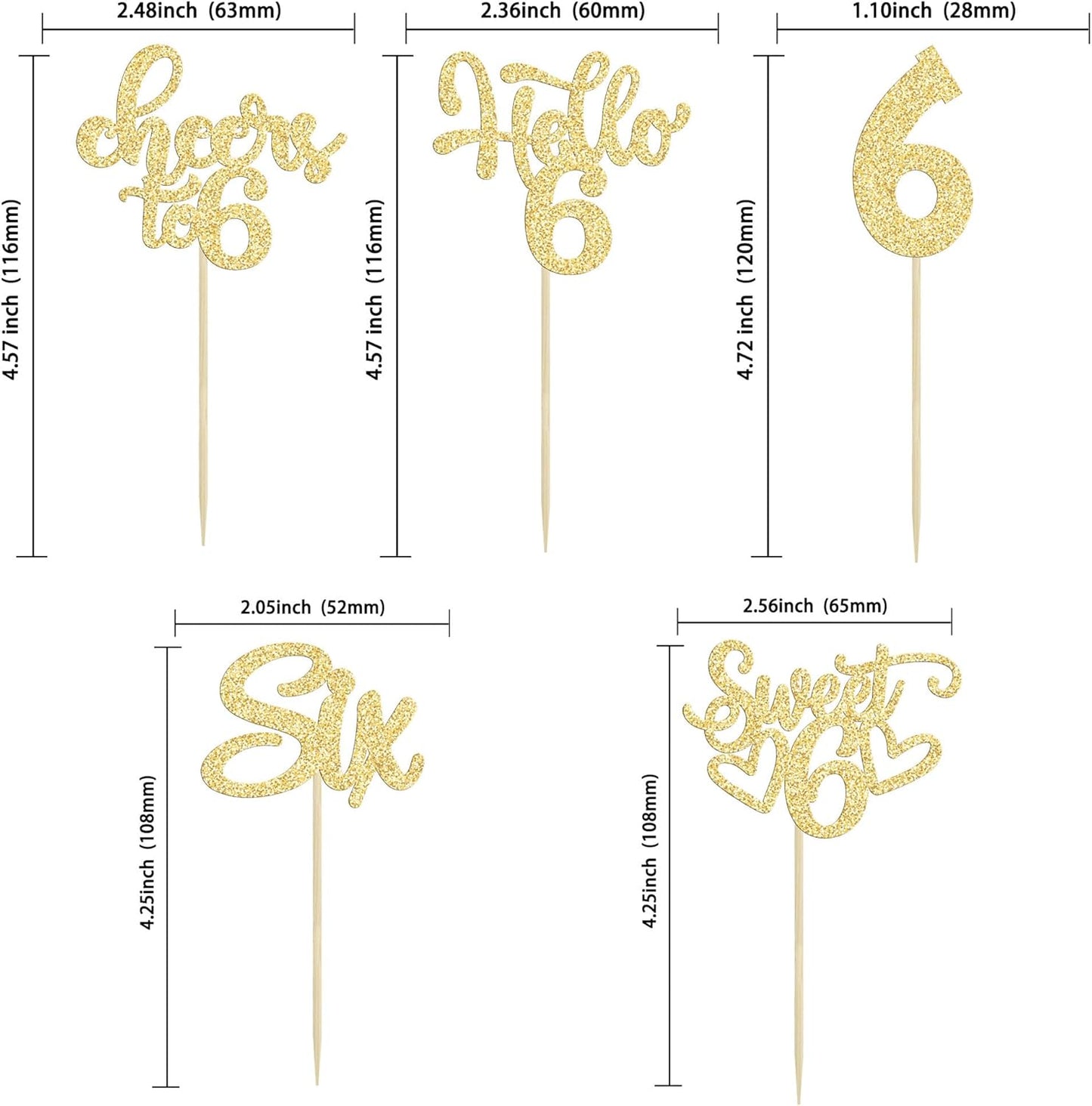 30Pcs 6th Birthday Cupcake Toppers Glitter Six Hello 6 Cupcake Picks Cheers to 6 Years Old Cake Decorations for 6th Birthday Party Supplies Gold