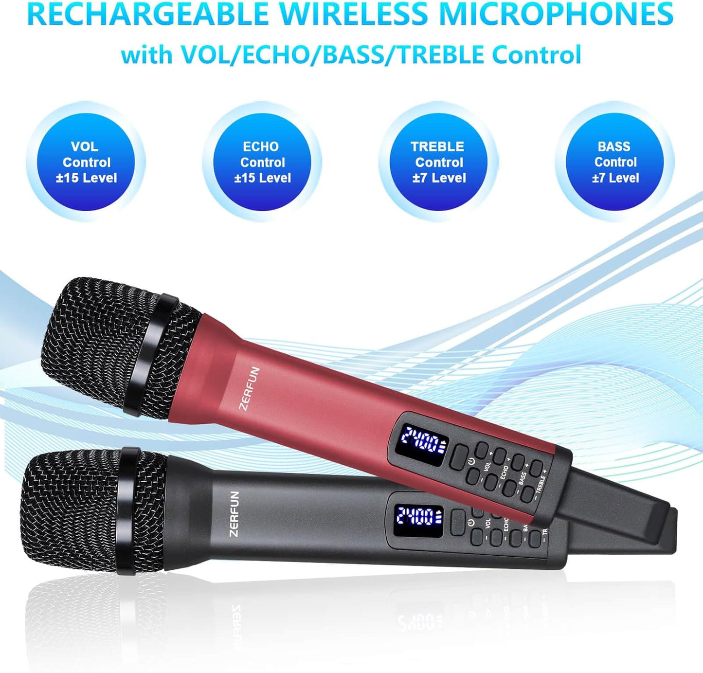 Rechargeable Wireless Microphones Dual, Pro Handheld Cordless Mics System Dynamic with Echo Treble BASS VOL Control for Karaoke Singing Church Party, 1/4'' Output, D240, Grey&Red