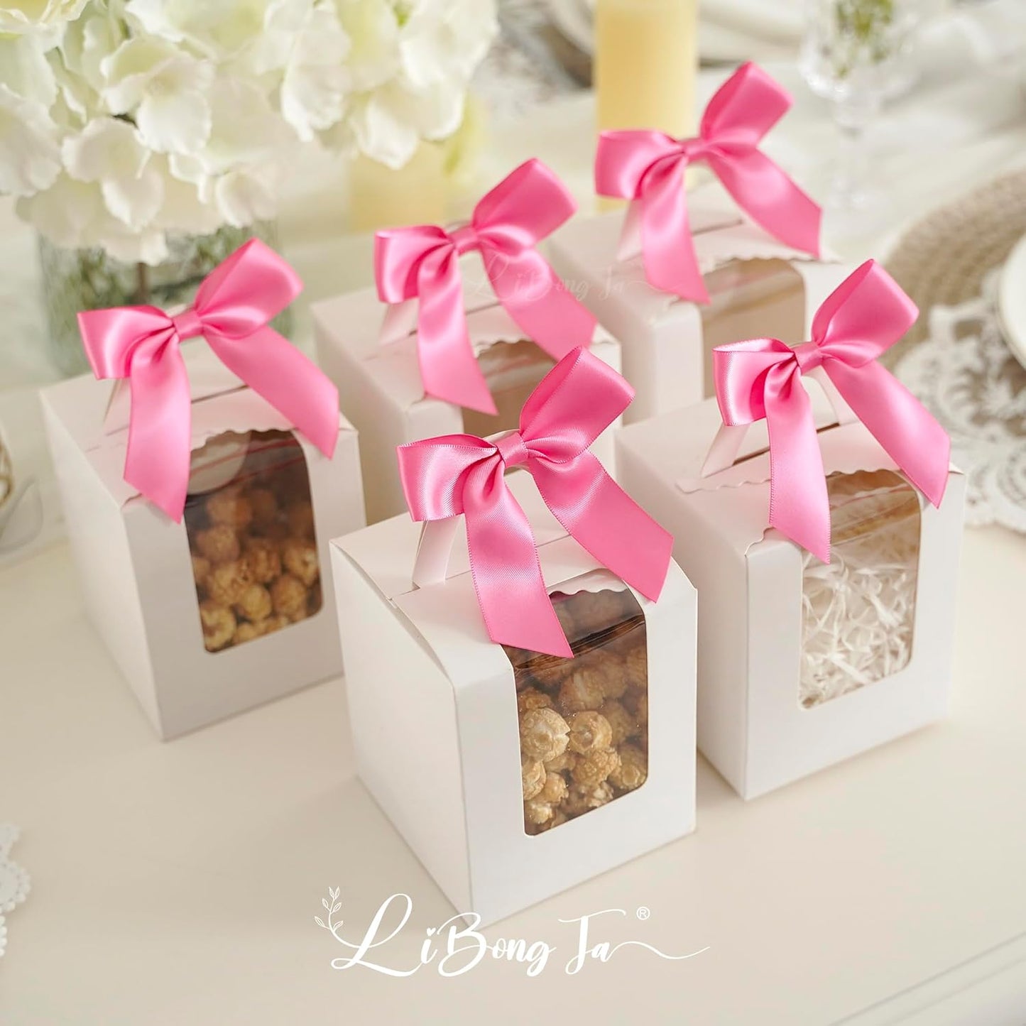 3.5" Hot Pink Bow Satin Pre-Tied Bows for Gift Wrapping, Small Bows for Crafts, Premade Bows, Candy Apple Bows, Twist Tie Bows for Cake Decorating, Party Favor, Wedding Decoration-36 Counts