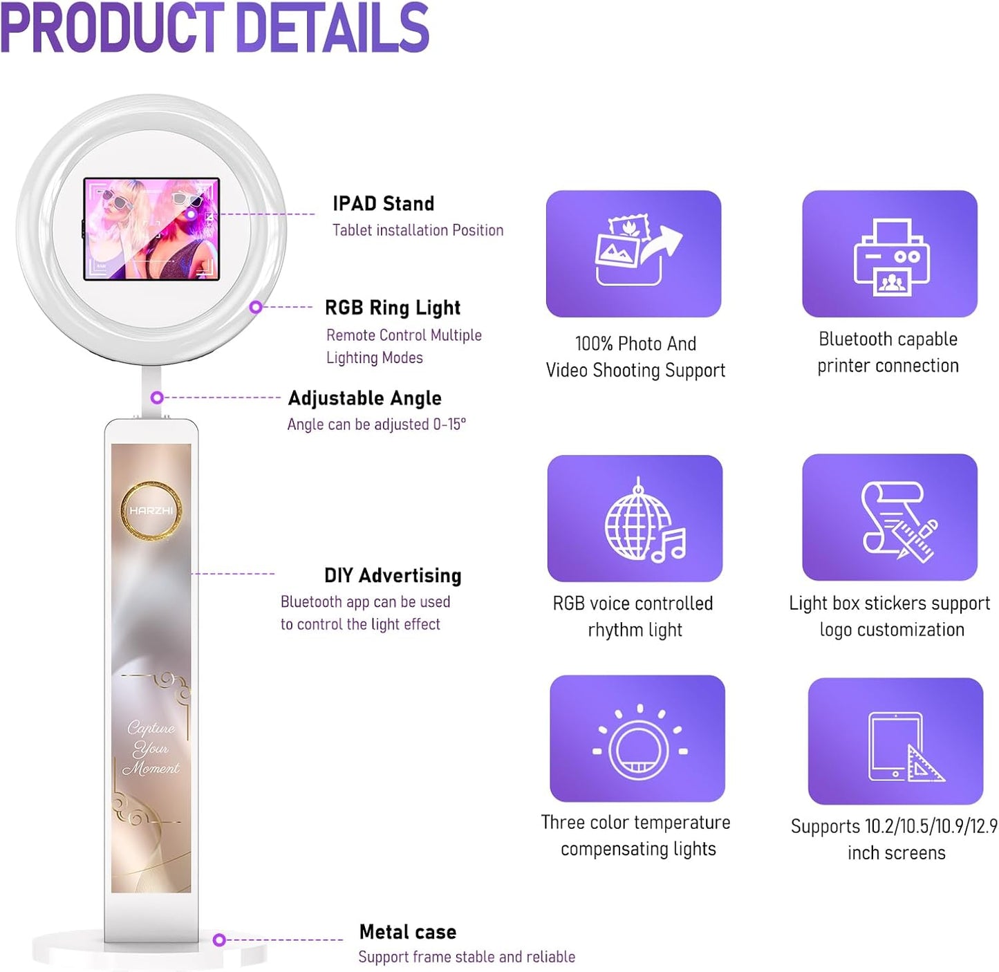 HARZHI Portable Photo Booth Compatible with Ipad 12.9in 10.9in 10.2in, for Ipad Photo Booth Shell Stand Stand Provide Chacktok PhotoBooth Software for Party and Wedding, Flight Case