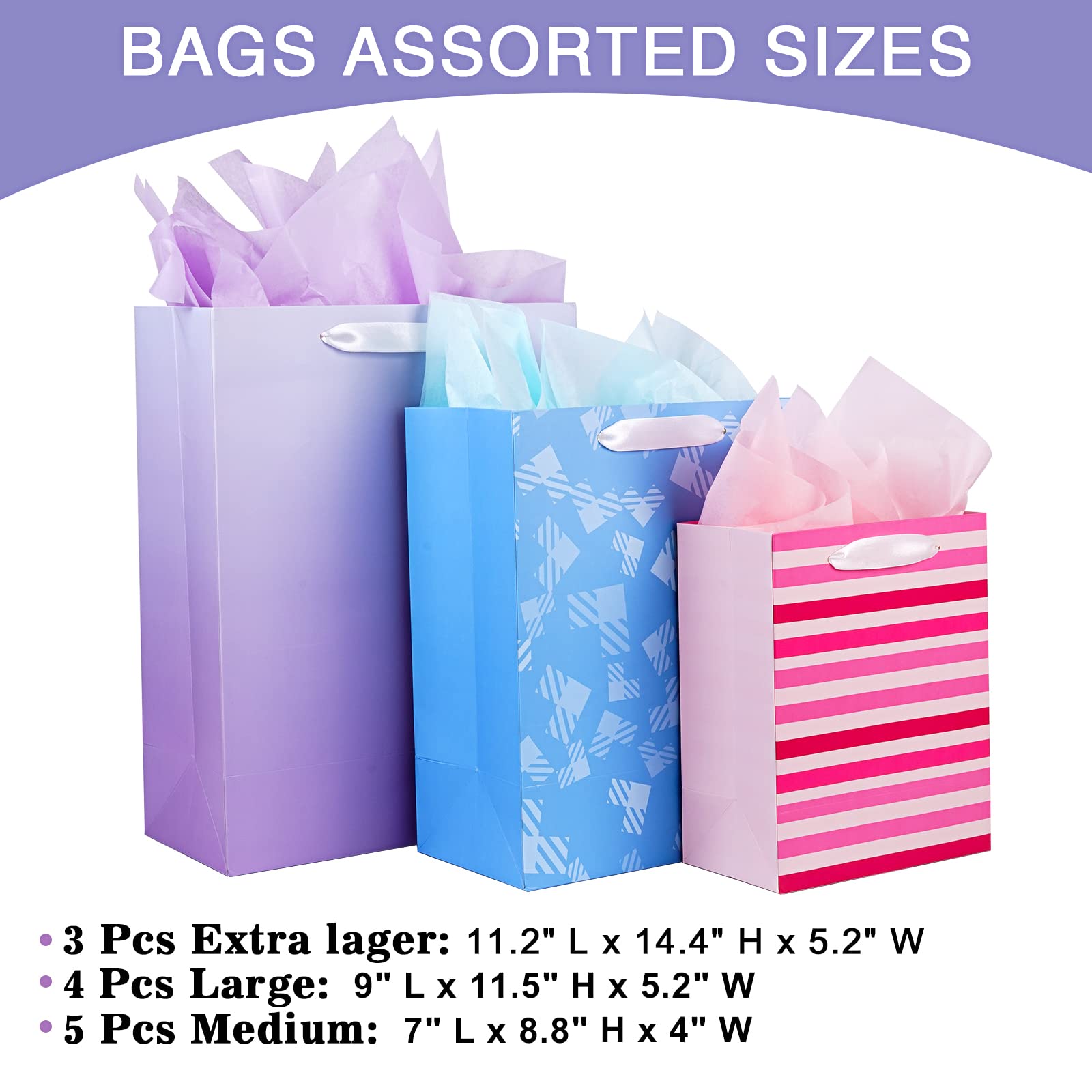 12 Pack Gift Bags Assorted Sizes and Designs, Gift Bags Bulk with Tissue Paper (5 Medium 8", 4