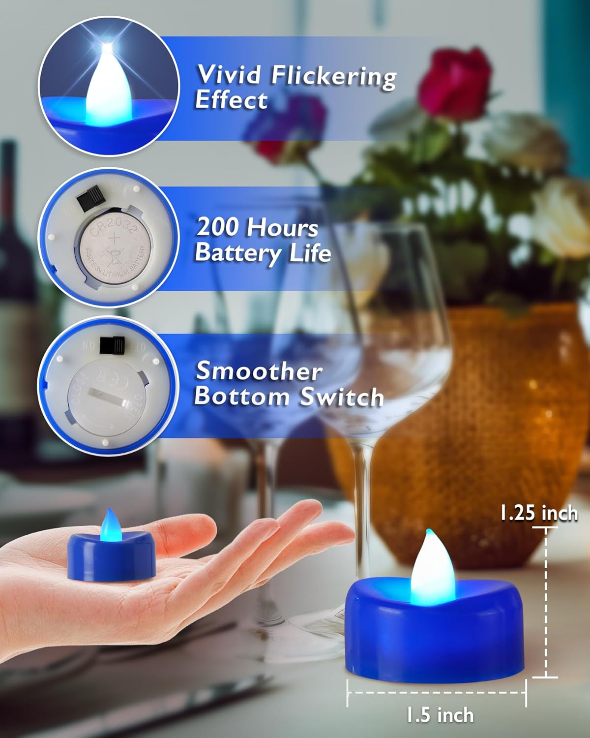 Raycare Blue LED Tea Lights Battery Operated, 200+Hour Flickering Votive Candles,Realistic Fake Flameless Tea Lights for Wedding Party Halloween Thanksgiving Christmas Decorations, 24 Pack