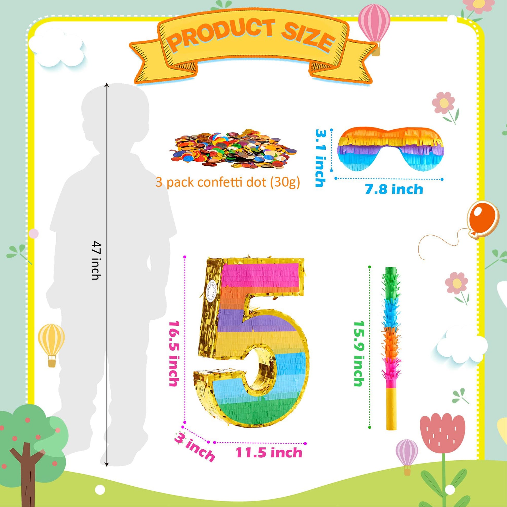 MUWOOB Rainbow Number 5 Pinata for 5th Birthday Party Decorations, Birthday Pinata with Stick
