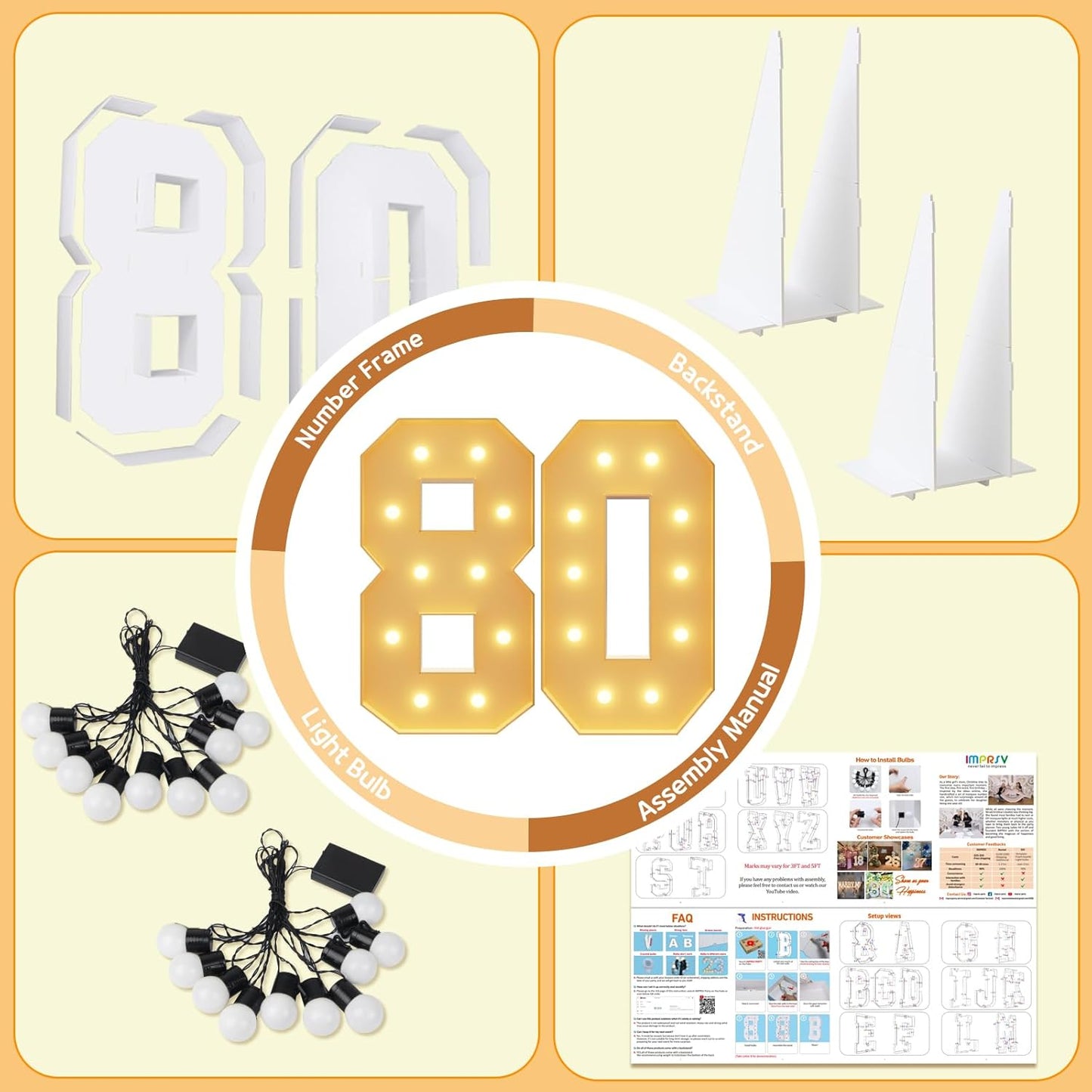 imprsv 4FT Light Up Numbers, Marquee Numbers 80th Birthday Decorations for Women Men, Large Light Up Numbers 80th Birthday Women Foam Board Anniversary Party Decorations Arch Kit (DIY)