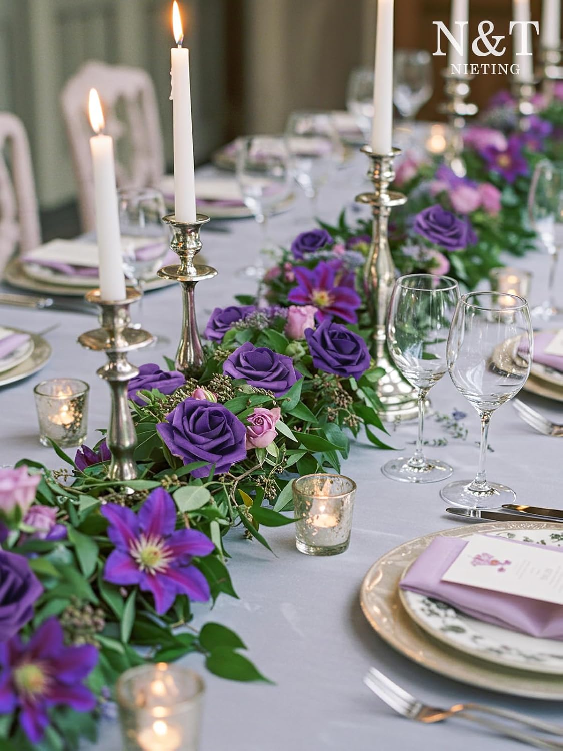 N&T NIETING Artificial Flowers 50pcs Real Looking Dusty Purple Foam Fake Roses with Stems for DIY Wedding Bouquets Bridal Shower Centerpieces Arrangements Party Tables Decorations