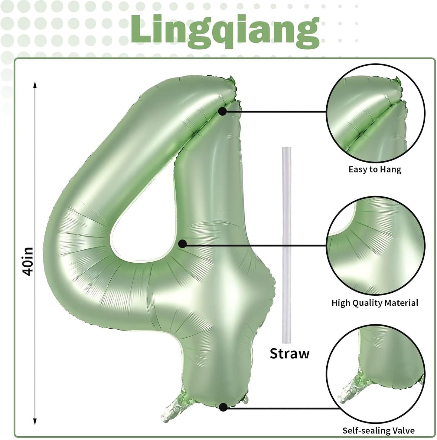 40 Inch Sage Green Foil Balloon Number 4, Large Self Inflating Olive Green Number Balloons 0-9 Helium Balloons Set for Girls Boys 4th Birthday Women Anniversary Jungle Safari Party Decoration Supplies