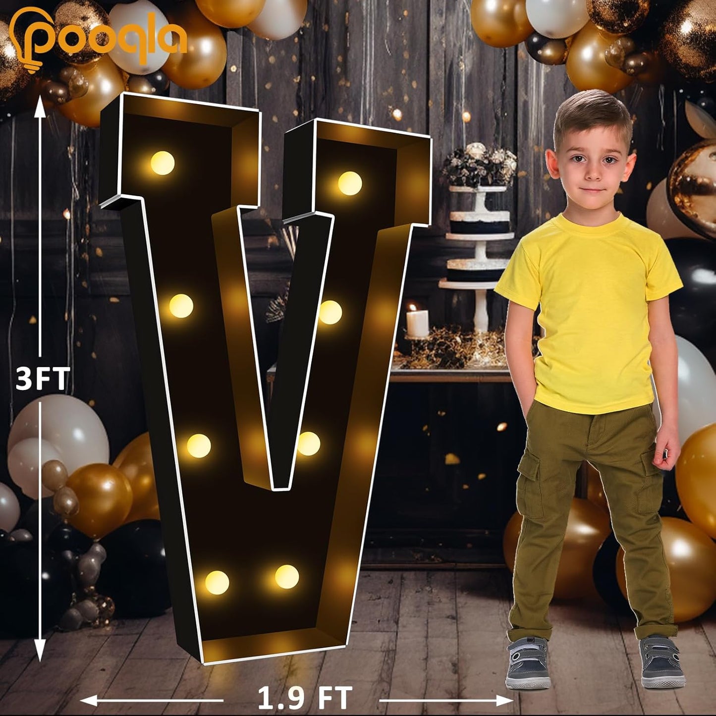 Pooqla 3FT Marquee Light Up Letters, Black LED Party Decor Large Marquee Letters 3 Feet Tall, Giant Mosaic Letter for Birthday Graduation Anniversary Wedding Decoration, Letter V