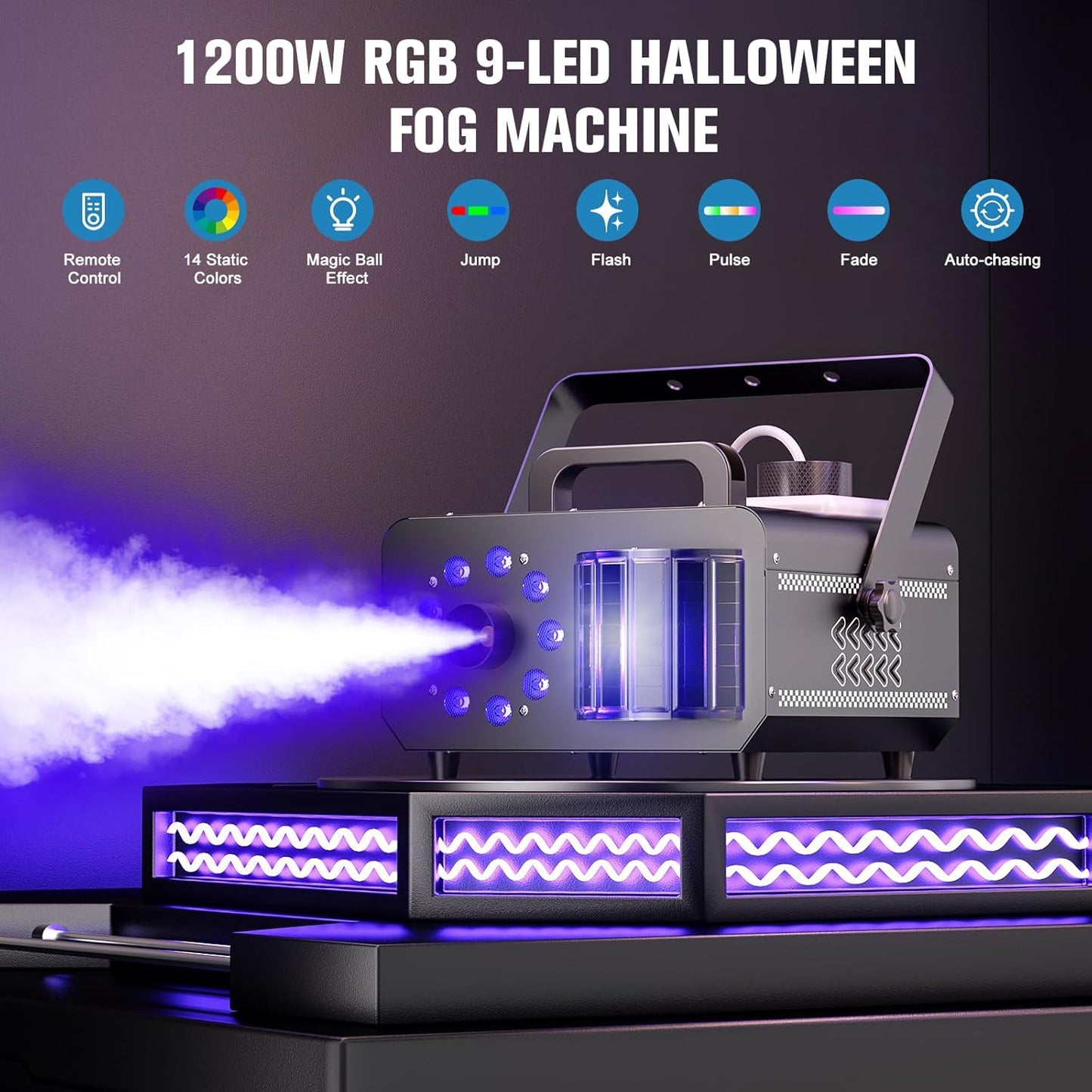 Fog Machine with RGBW LED Lights, 1200W Professional Smoke Machine, 1L Tank, 3000CFM Output, 14 Colors for DJ Party Stage Wedding Halloween 4PACK