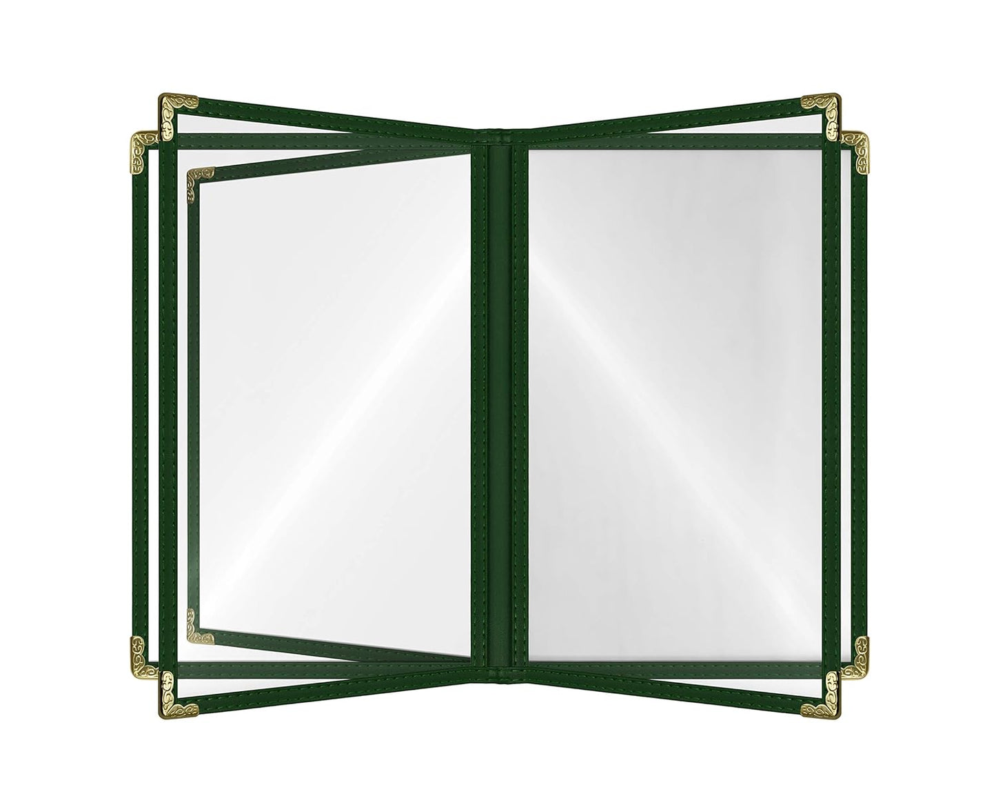 Goodsmart Restaurant Menu Covers – 25 Pack Green 10-View 8.5" x 14" Cafe Menu Holders, Side-Loading Vinyl Covers with Clear Sleeves, Plastic & Leather-Style Menu Covers with Gold Corners