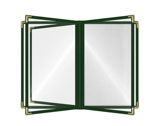Goodsmart Restaurant Menu Covers – 25 Pack Green 10-View 8.5" x 11" Cafe Menu Holders, Side-Loading Vinyl Covers with Clear Sleeves, Plastic & Leather-Style Menu Covers with Gold Corners