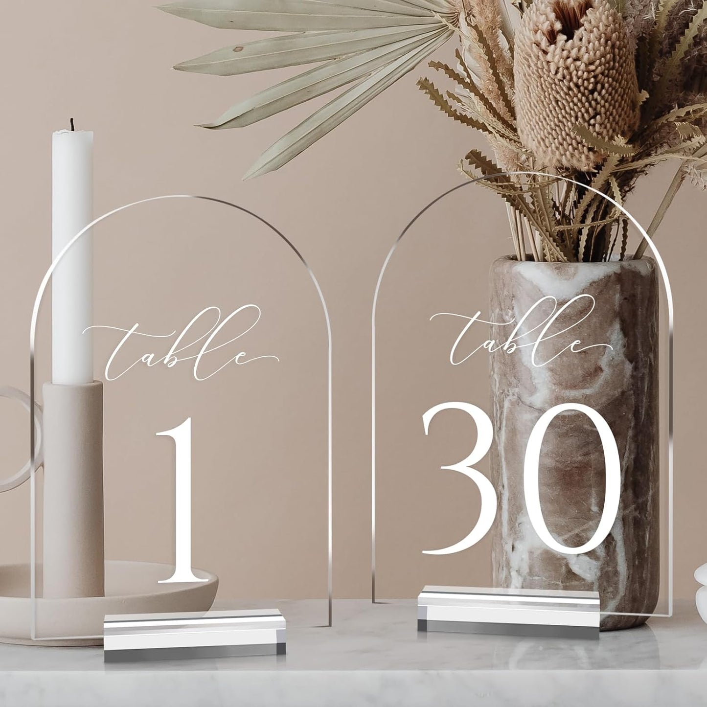 JINMURY Clear Arch Table Numbers for Wedding, 5x7 Inch Arched Acrylic Table Numbers 1-30 with Stands, Clear Acrylic Arch Sign with Holder for Centerpiece, Reception, Wedding, Party, Event